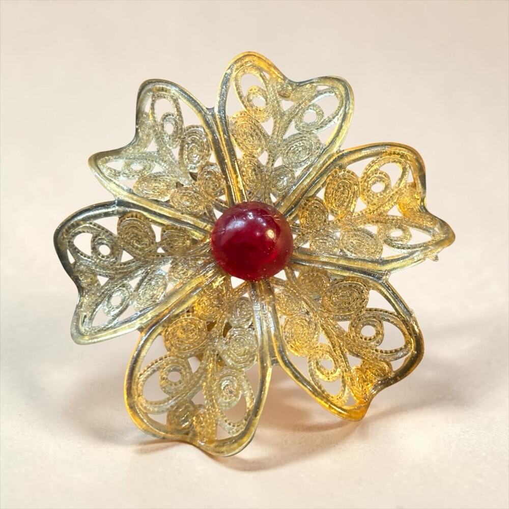 Vintage Celluloid Filigree Flower Brooch Red Cabochon Pin Amber Plastic